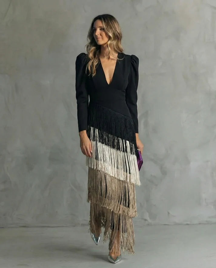 NÉRIA | Vestido Elegante con Mangas de Flecos