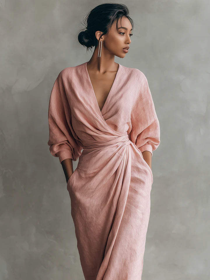 ROSA | VESTIDO LARGO MINIMALISTA DE LINO CON ESCOTE EN V