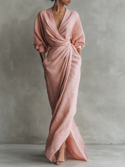 ROSA | VESTIDO LARGO MINIMALISTA DE LINO CON ESCOTE EN V