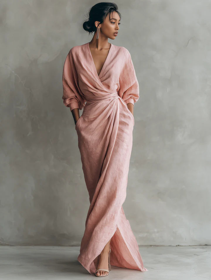 ROSA | VESTIDO LARGO MINIMALISTA DE LINO CON ESCOTE EN V