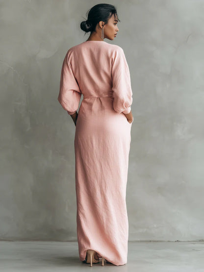 ROSA | VESTIDO LARGO MINIMALISTA DE LINO CON ESCOTE EN V