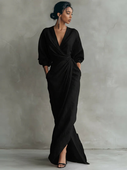 ROSA | VESTIDO LARGO MINIMALISTA DE LINO CON ESCOTE EN V