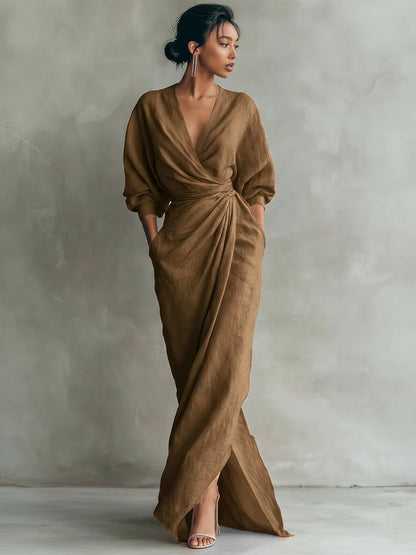 ROSA | VESTIDO LARGO MINIMALISTA DE LINO CON ESCOTE EN V