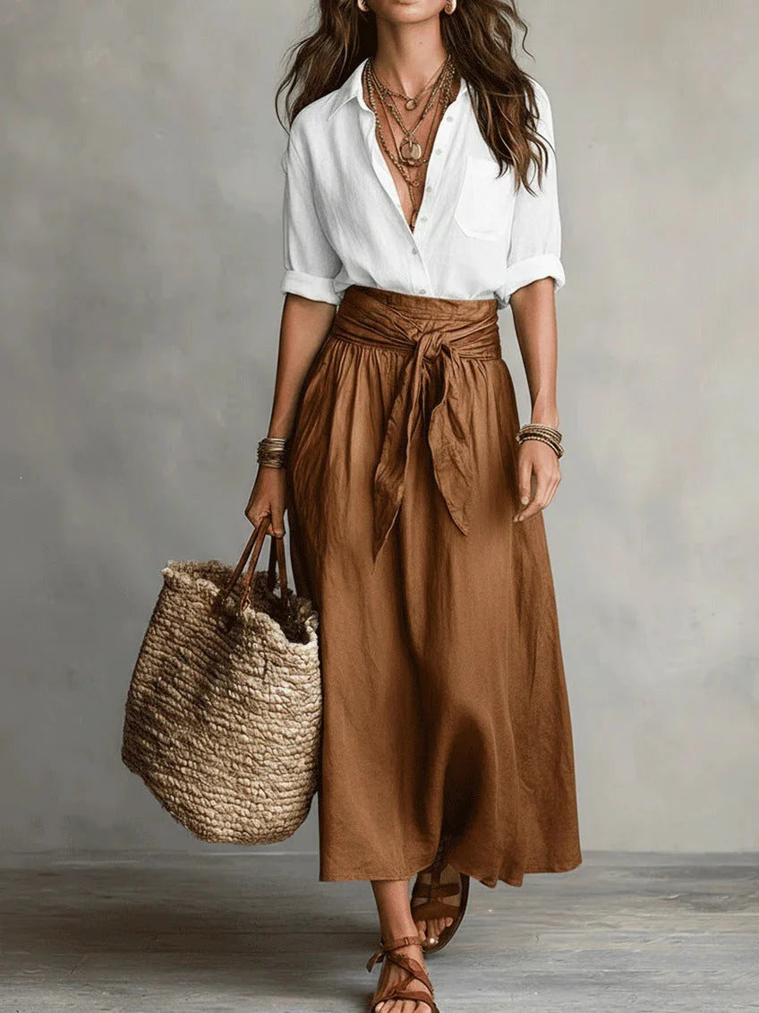 VERA | Conjunto 2 piezas elegante de camisa relajada y falda envolvente
