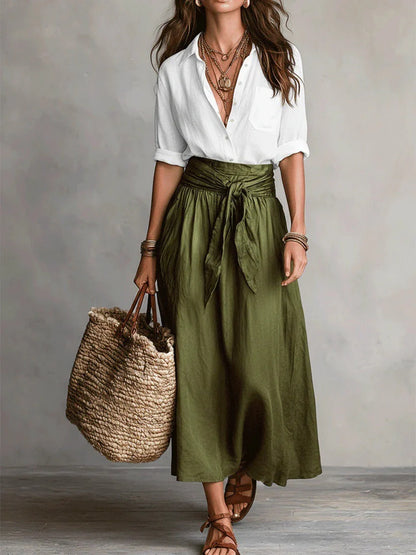 VERA | Conjunto 2 piezas elegante de camisa relajada y falda envolvente