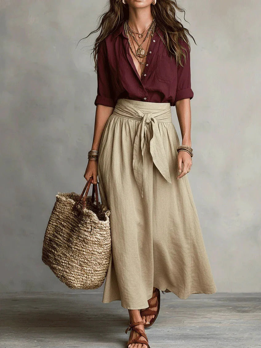 VERA | Conjunto 2 piezas elegante de camisa relajada y falda envolvente