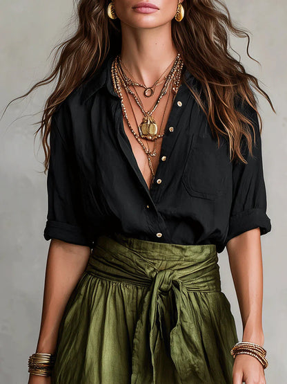 VERA | Conjunto 2 piezas elegante de camisa relajada y falda envolvente