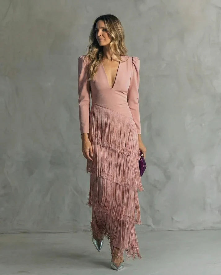 NÉRIA | Vestido Elegante con Mangas de Flecos