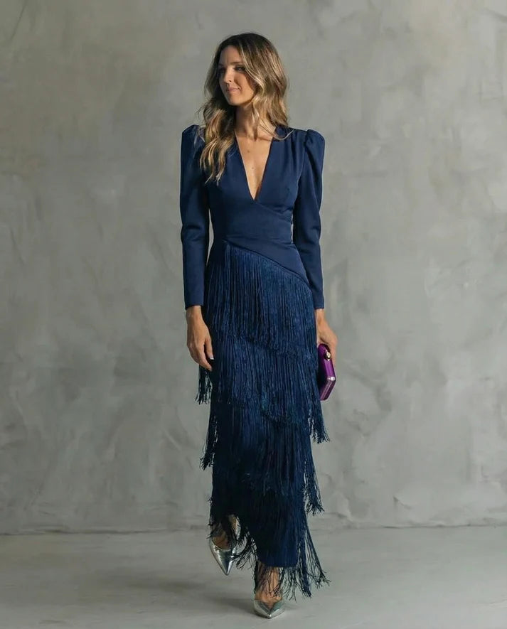 NÉRIA | Vestido Elegante con Mangas de Flecos