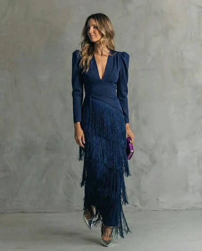 NÉRIA | Vestido Elegante con Mangas de Flecos